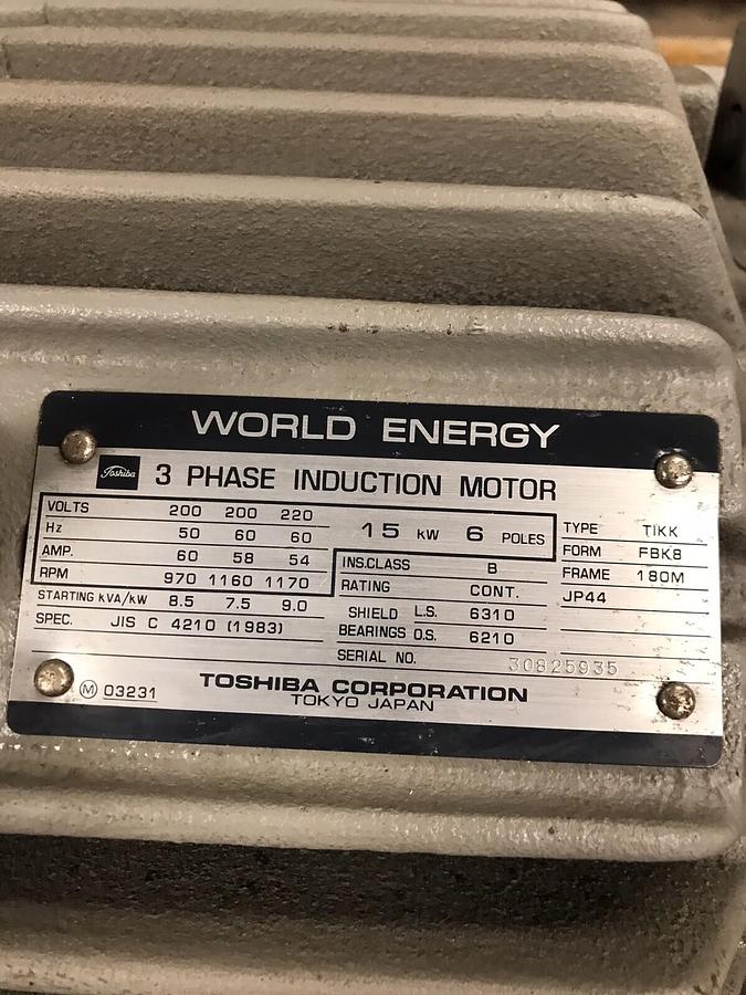 Used Toshiba World Energy,TIKK FBK8,Dual Shaft Induction Motor 15Kw 6 Poles 200-220V