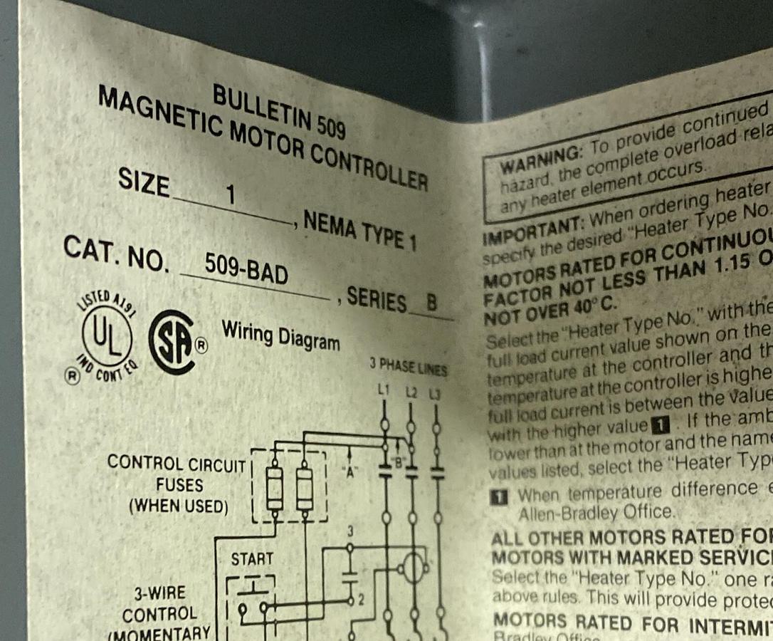 Allen-Bradley,509-BAD,Magnetic Motor Controller Size 1 Starter 505-T0D NOS