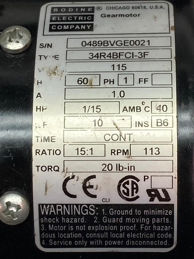 Used Bodine,34R4BFCI-3F,1-Phase Gear Motor 1/15Hp 113rpm Ratio 15:1