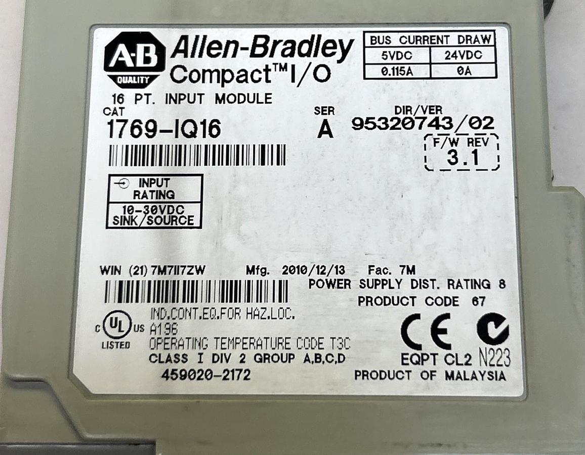 Used ALLEN BRADLEY,1769-IQ16,COMPACT I/O 16PT INPUT MODULE