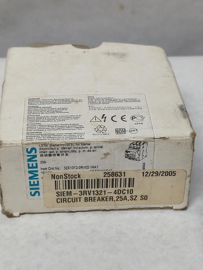 SIEMENS,3RV1321-4DC10,MOTOR PROTECTION CIRCUIT BREAKER 25A NOS
