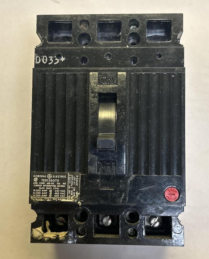 Used GENERAL ELECTRIC,TED136070,CIRCUIT BREAKER 70A 600V 3P
