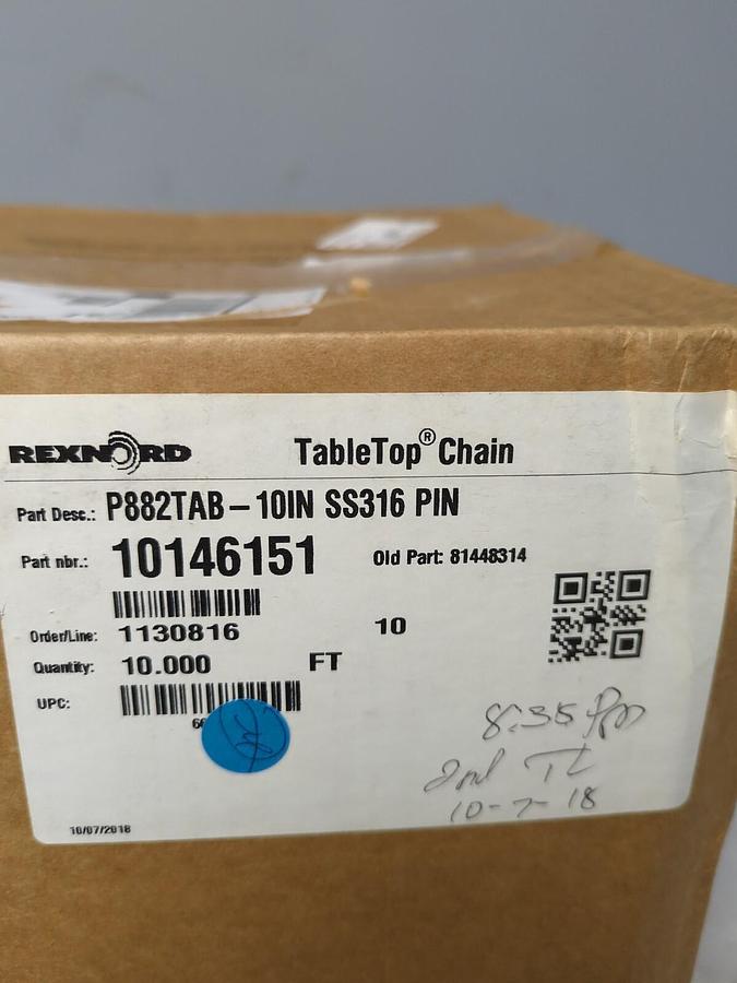 REXNORD,10146151 P882TAB-10IN,TABLE TOP CHAIN 10FT NOS