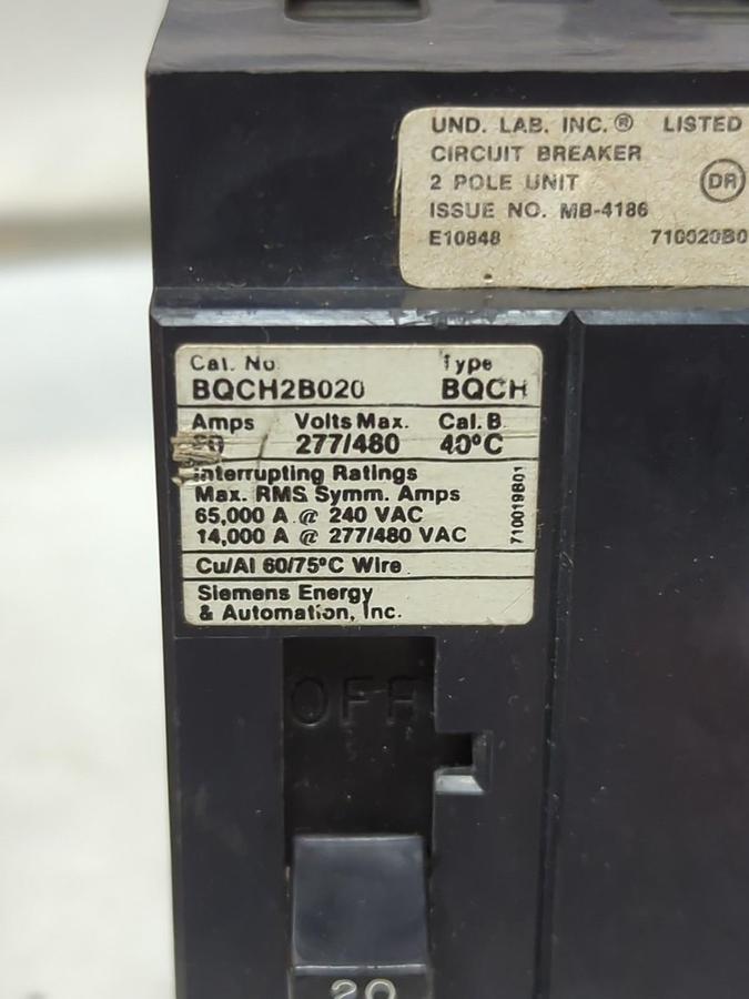 Used SIEMENS,BQCH2B020,CIRCUIT BREAKER 20 AMP 2-POLE PRE-OWNED