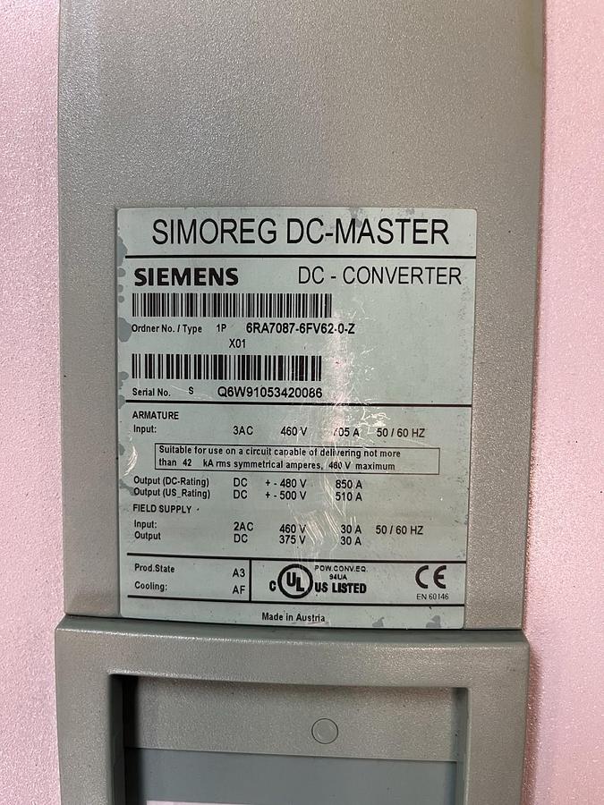 Used SIEMENS,6RA7087-6FV62-0-Z,SIMOREG DC CONVERTER DRIVE 850 AMPS
