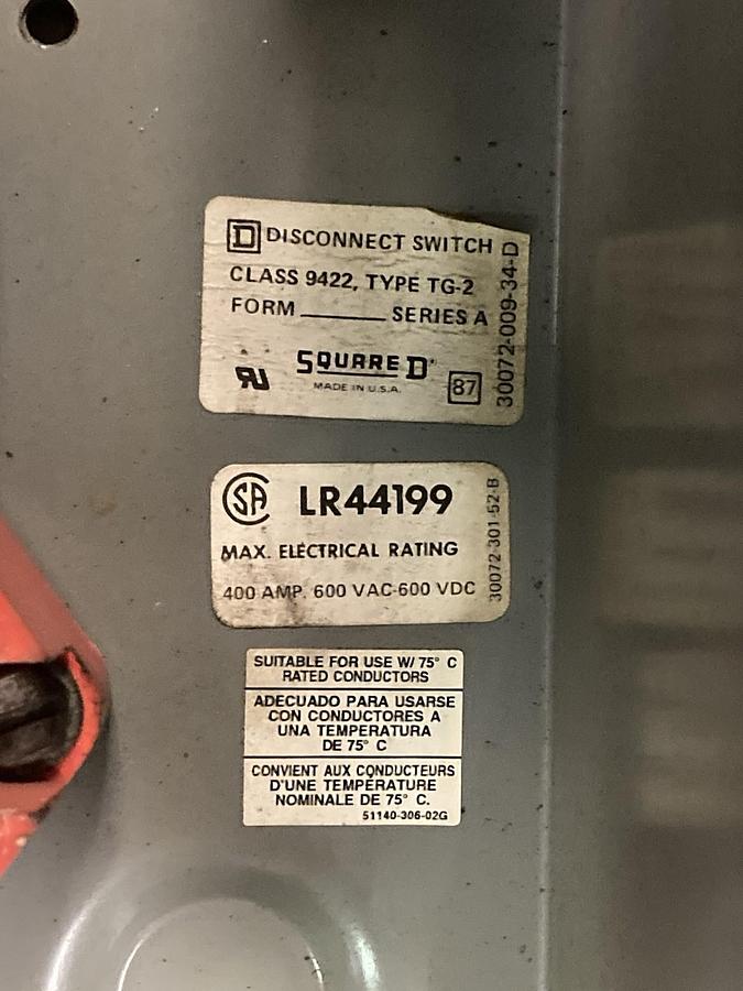 Used Square D,Class 9422 Type TG-2,Disconnect Switch LR44199 400A 600Vac 600VDC