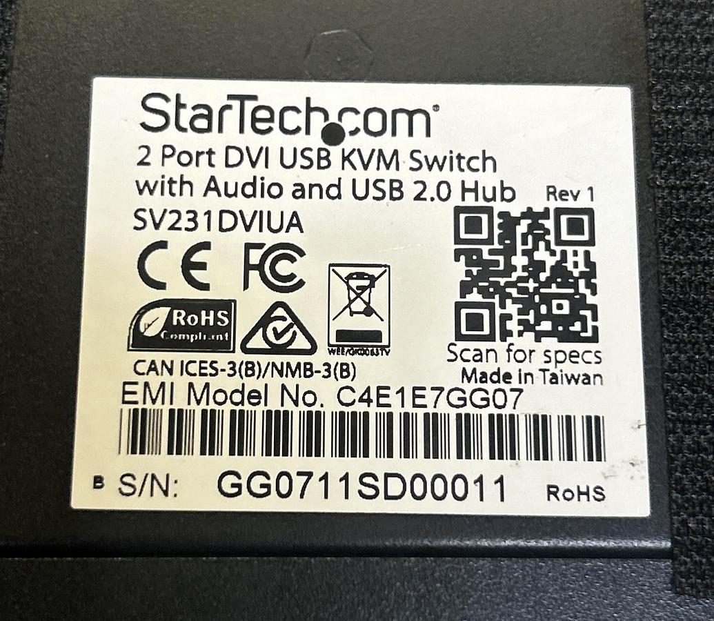 Used STARTECH,C4E1E7GG07,TWO PORT KVM SWITCH