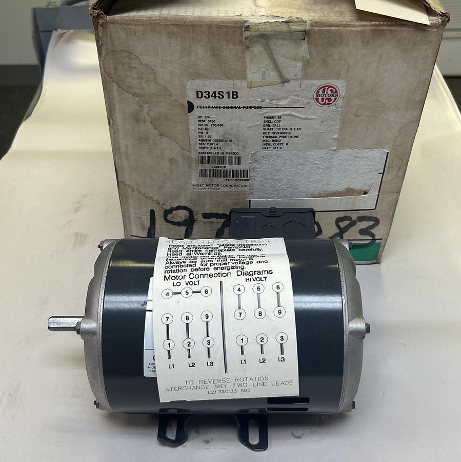 US MOTORS,D34S1B,MOTOR 3/4HP 3450RPM 230/460V 3PH 48 FRAME