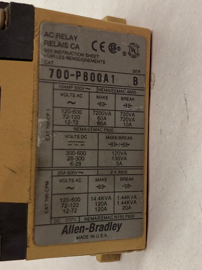 Used Allen-Bradley,700-P800A1,AC Relay Type P Ser B