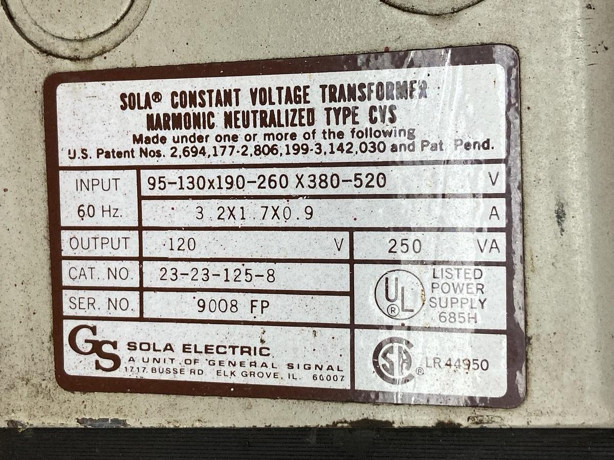Used Sola,23-23-125-8,Constant Voltage Sine Wave Output 120V 60Hz