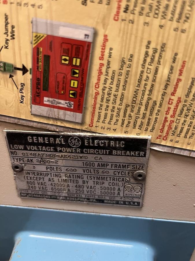 Used GE GENERAL ELECTRIC,AK-2A-50-2,LOW VOLTAGE POWER CIRCUIT BREAKER 1600A 600VAC