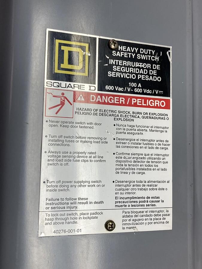 Used Square D,HU363,Heavy Duty Safety Switch 100A 600Vac