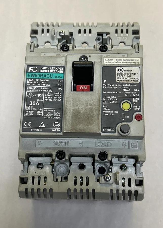 Used FUJI ELECTRIC,EW50RAGU-3P030,EARTH LEAKAGE CIRCUIT BREAKER 30A 440V 3P