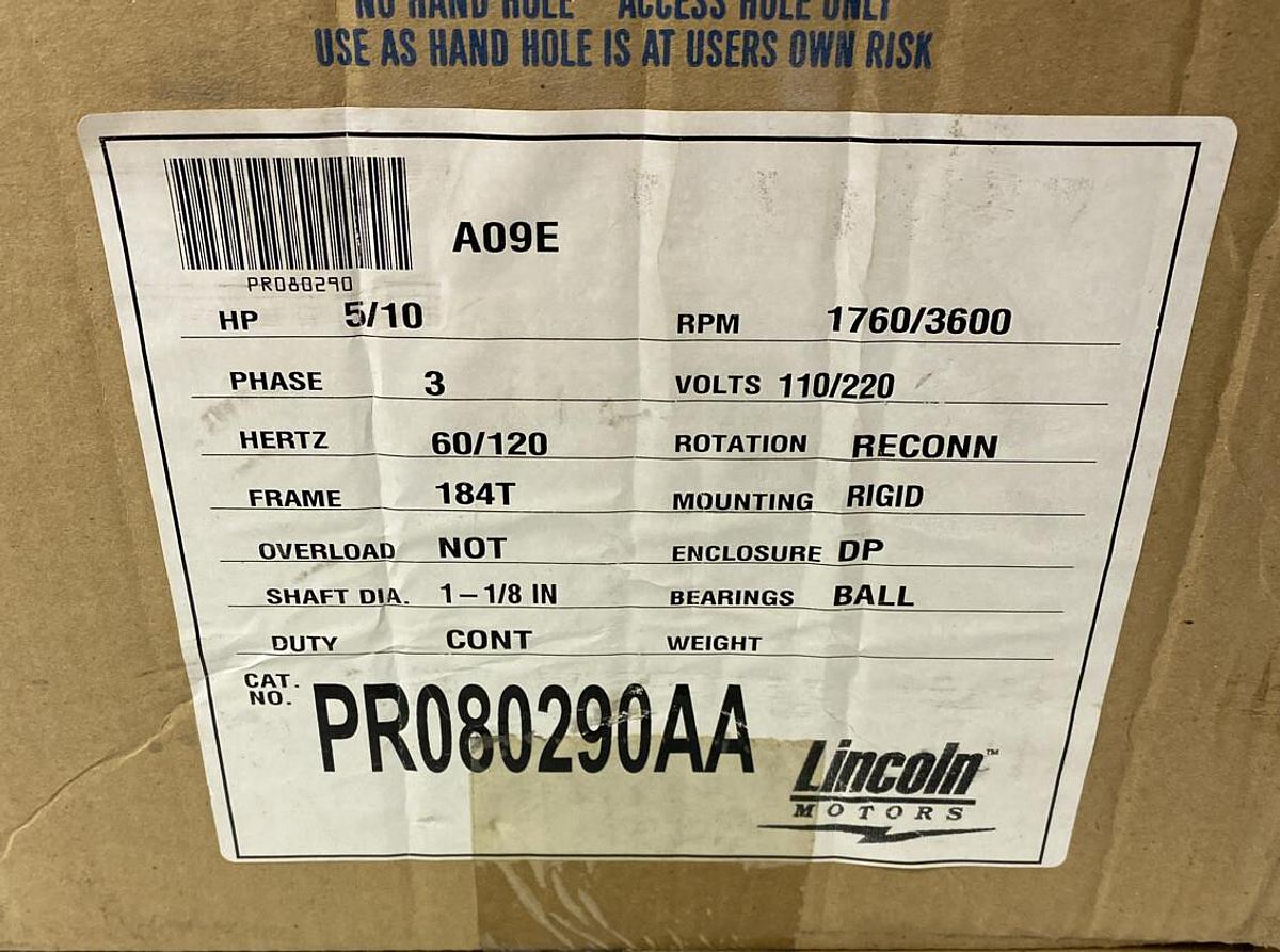Lincoln,PR080290AA,Motor 5/10HP 1760/3600 110/220V 3 Phase Frame 184T NOS