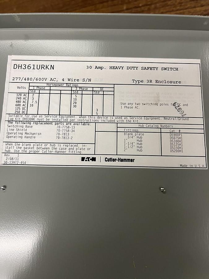 Used EATON,DH361URKN,NON FUSED 30A DISCONNECT SAFETY SWITCH 600V 3P 3PH