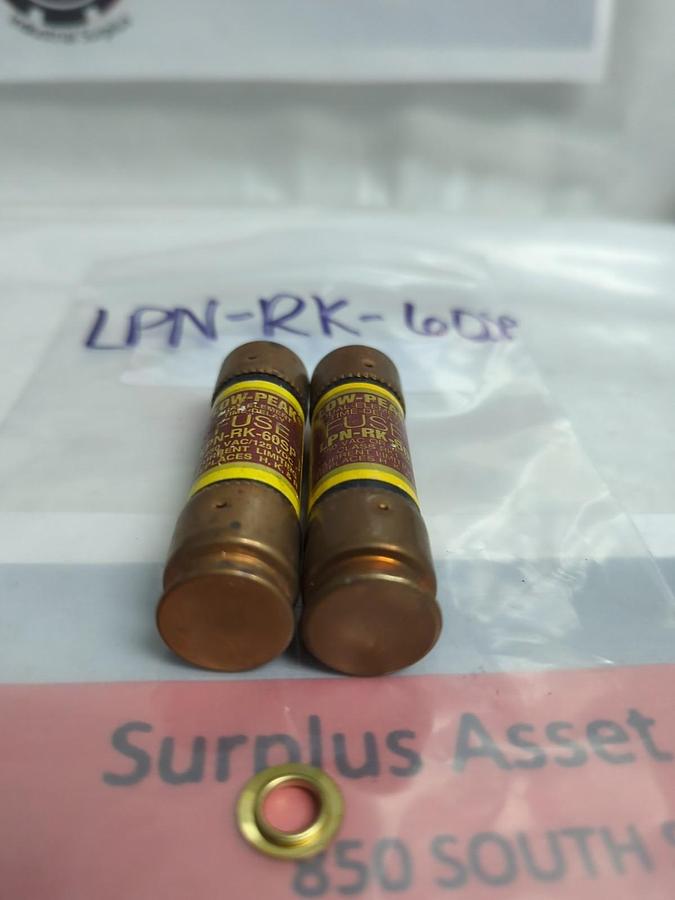 Used COOPER BUSSMANN,LPN-RK-60SP,LOW-PEAK 60 AMP FUSE LOT OF 2 PRE-OWNED