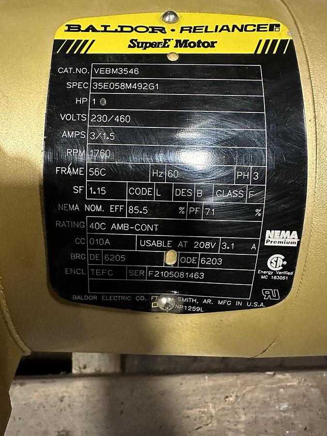 Used Baldor-Reliance,Vebm3546,Brake Unit Motor 1 Hp 1760 RPM 3-Phase Frame 56C