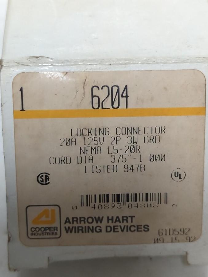ARROW HART,6204,LOCKING PLUG NEMA L5-20R 125V 20A 2P 3W NOS