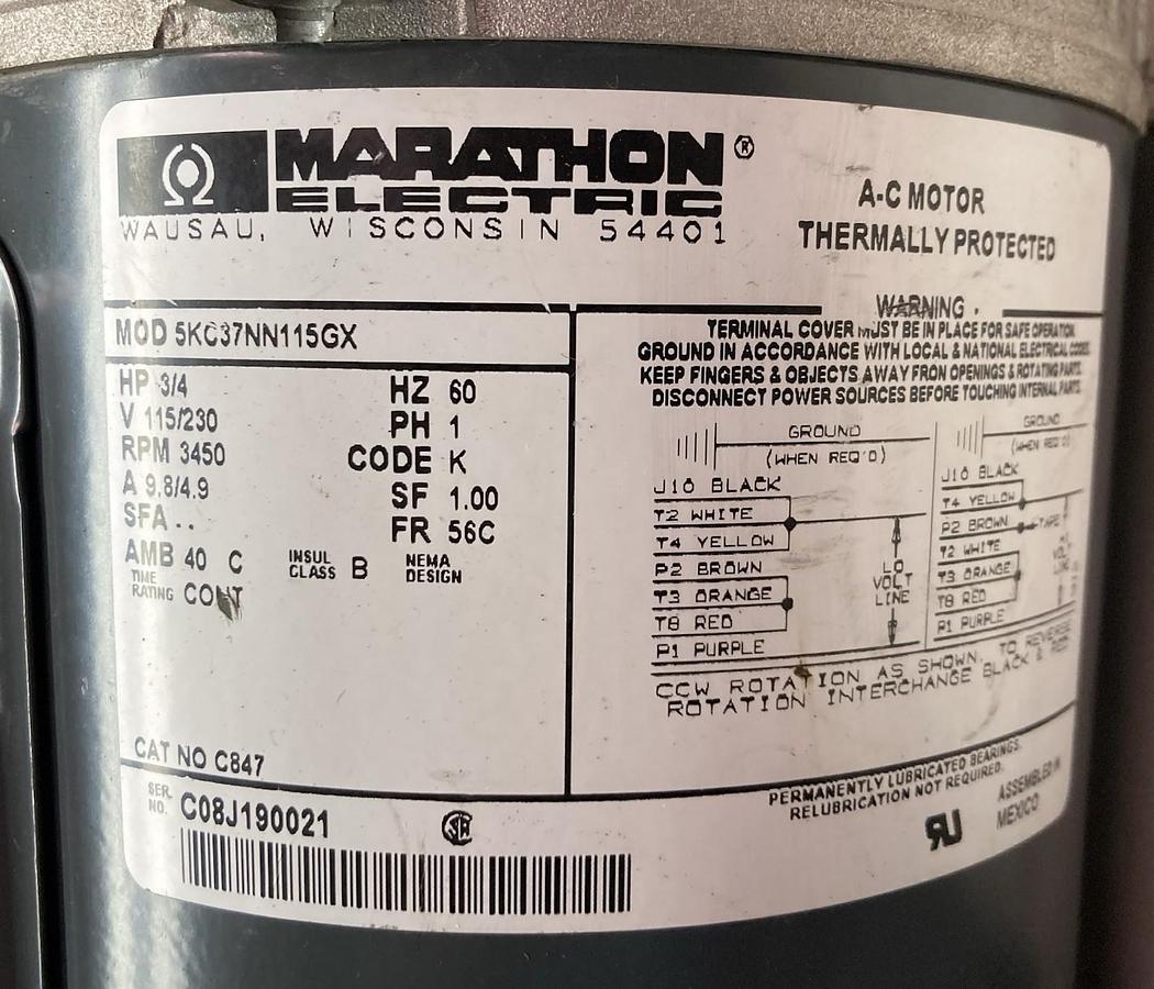 Used Marathon Electric,C847 5KC37NN115GX,A-C Motor 3/4 HP 3450RPM 115/230V