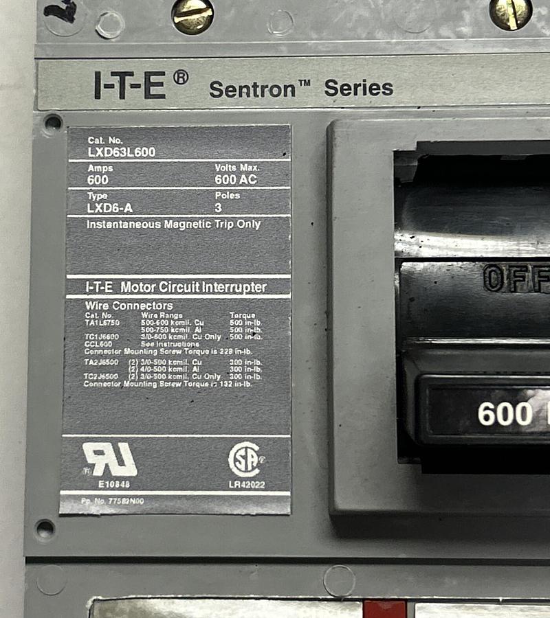 SIEMENS,LXD63L600,TYPE LXD6-A CIRCUIT BREAKER 600A 600V 3P NOS