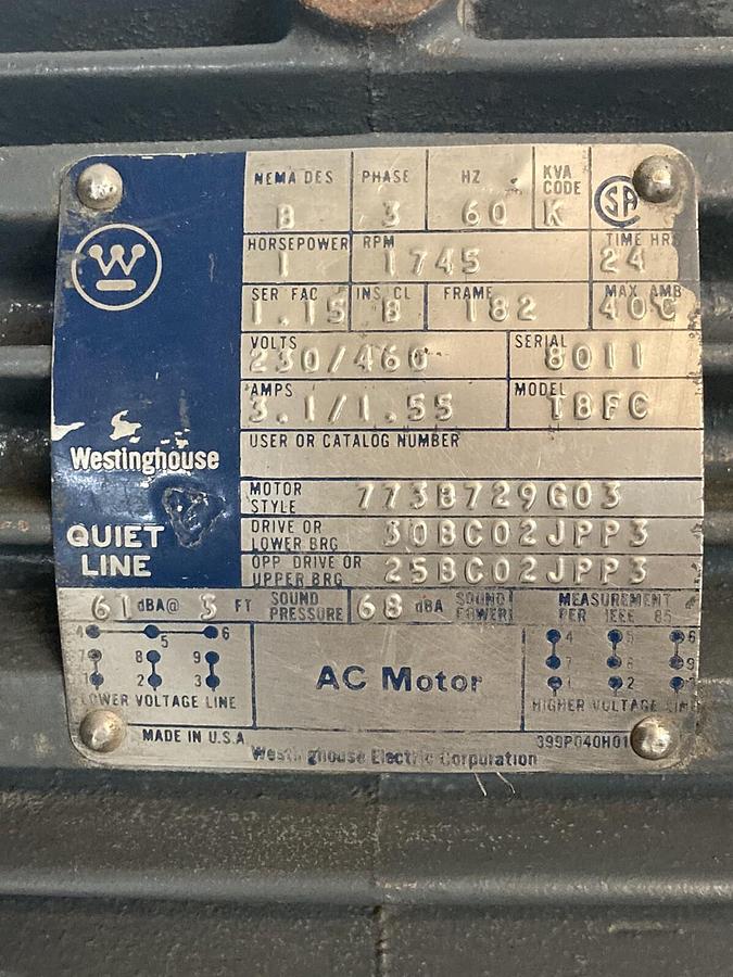 Used Westinghouse,TBFC,Electric Motor 1HP 1745 RPM  230/460 Volts 182 Frame