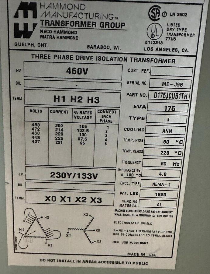 Used Hammond,D175JCUB1TH,Transformer 175KVA HV 460V-LV 230Y/133V,3PH