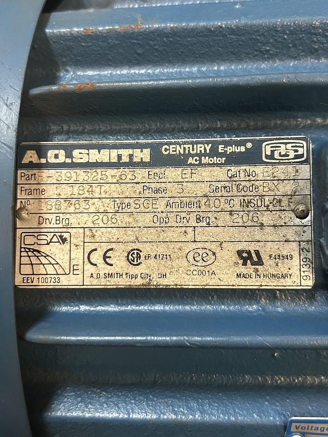 Used AO SMITH,F-391325-63,AC MOTOR 5HP 460V 3490RPM 3PH 184T FRAME