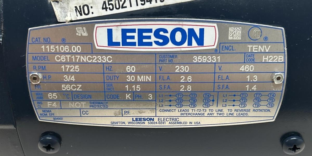 Used LEESON,115106.00,MOTOR 3/4HP 1725RPM 230/460V 3PH 56CZ FRAME