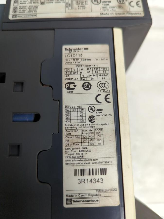 Used SCHNEIDER ELECTRIC,LC1D115,CONTACTOR 3-POLE PRE-OWNED