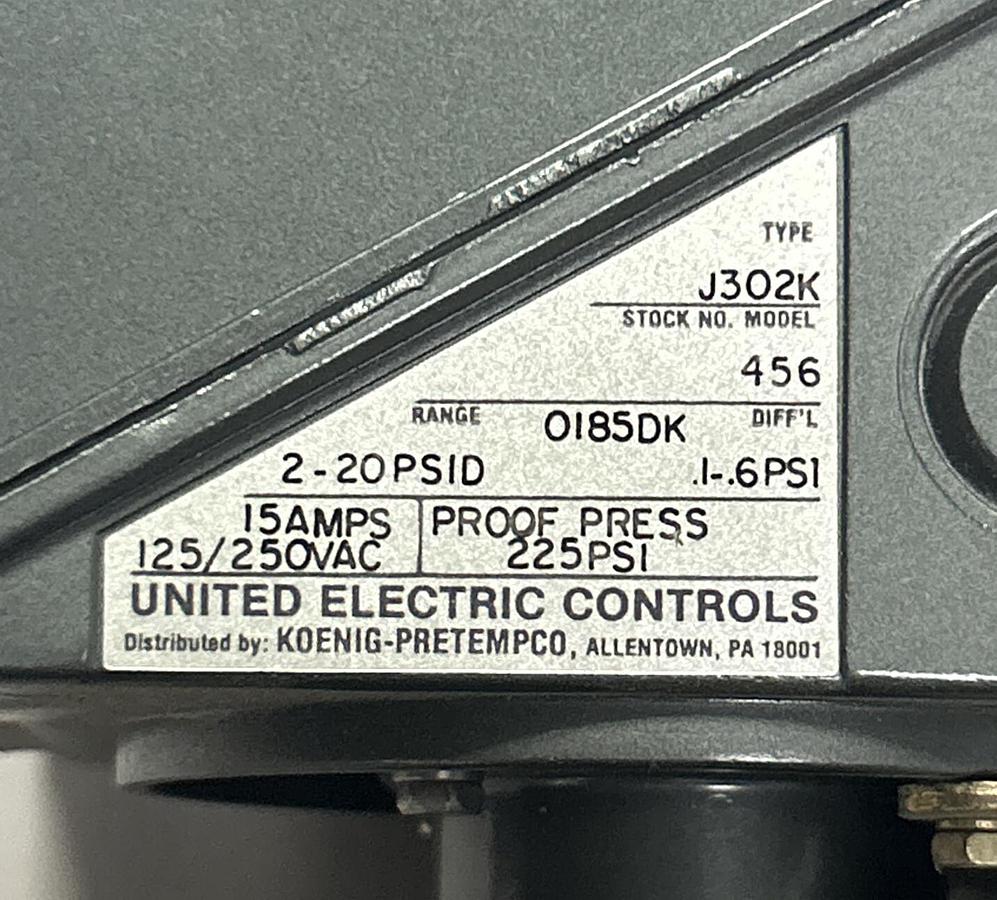 UNITED ELECTRIC,J302K-456,PRESSURE CONTROL SWITCH NOS