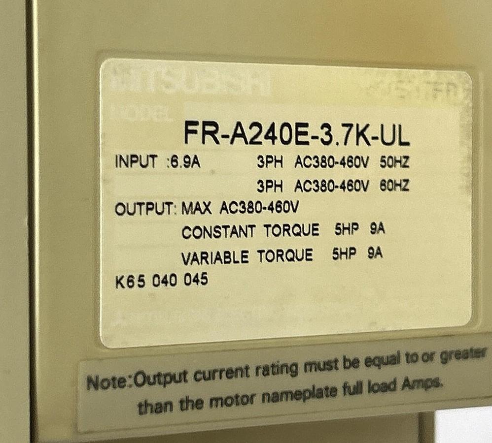 Used MITSUBISHI,FR-A240E-3.7K-UL,AC DRIVE 5 HP 3.7 KW
