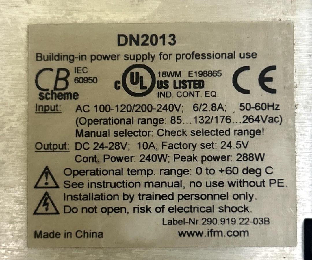Used IFM EFECTOR,DN2013,POWER SUPPLY 10A 24VDC