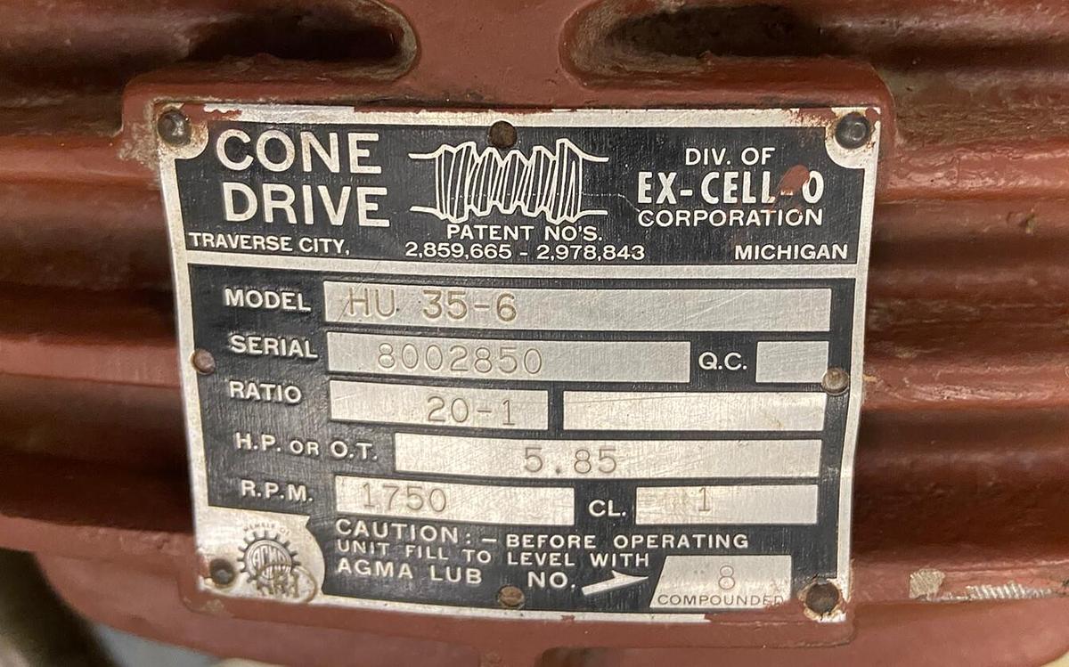 Used EX-Cell-O Cone Drive,HU35-6,Gear Reducer Ratio 20 5.85Hp 1750RPM
