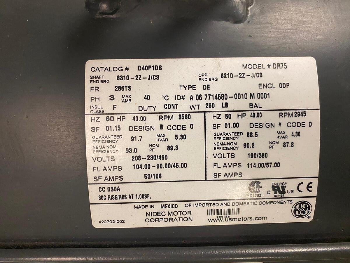 US Motors,D40P1DS,40HP MOTOR 3560RPM 208-230/460V FRAME 286TS