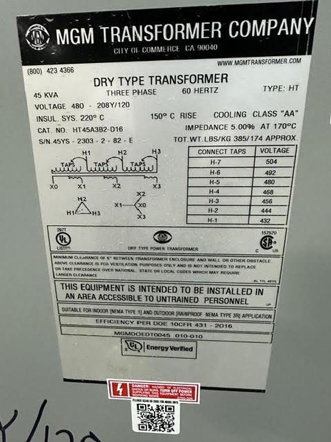 Used MGM,HT45A382-016,45 KVA Transformer HV 480V-LV208Y-120 3PH