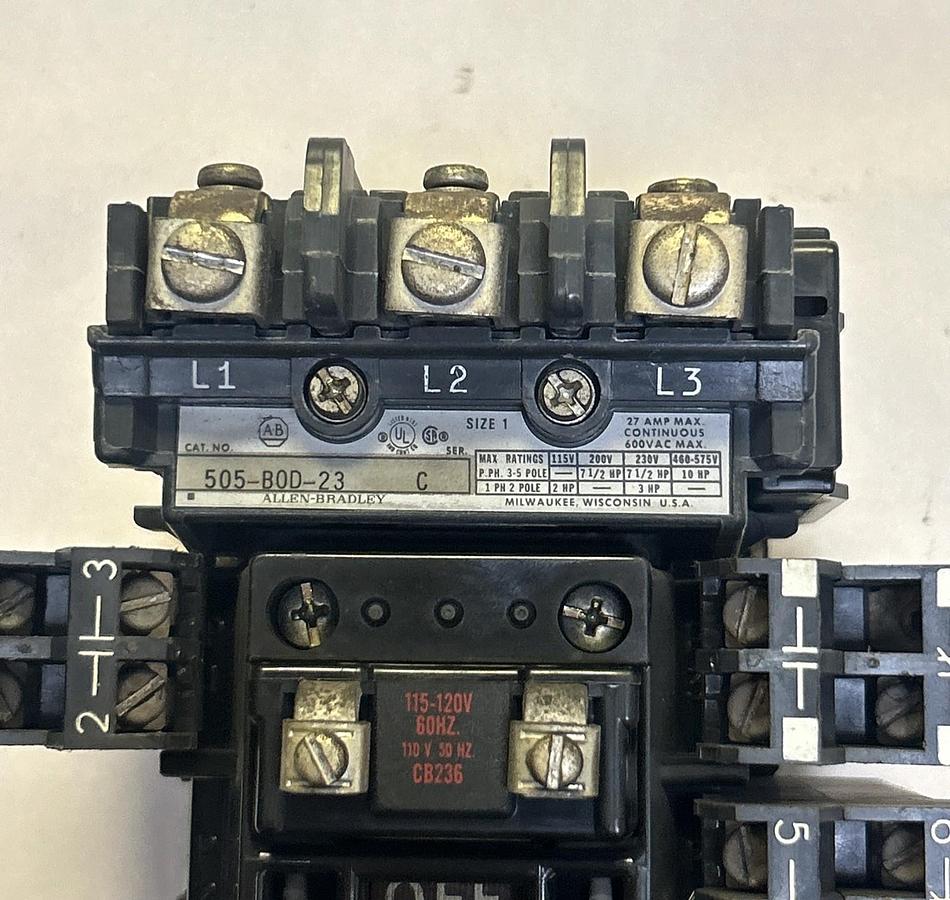 Used ALLEN BRADLEY,505-B0D-23,CONTACTOR SIZE 1 27A 600V