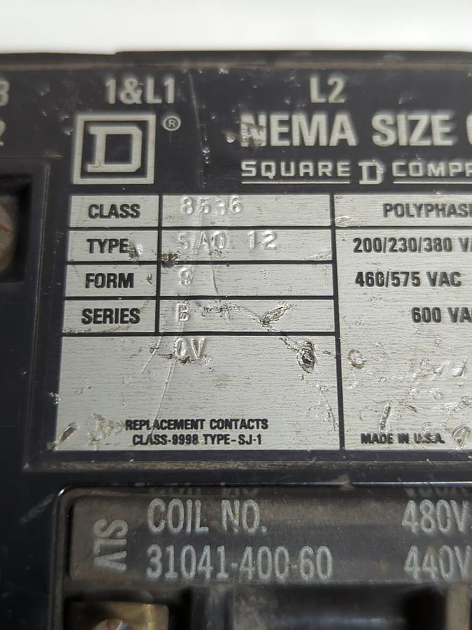 Used SQUARE D,8536-SA0-12,MOTOR STARTER SERIES B SIZE 00 600 VAC PRE-OWNED