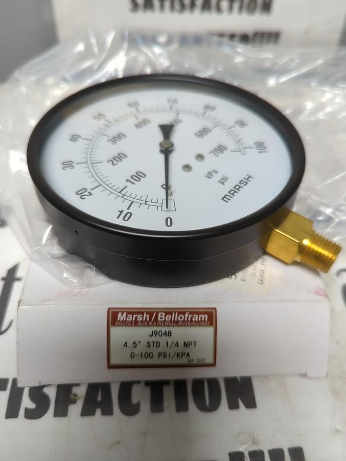 MARSH BELLOFRAM,J9048,4.5 INCH STD 1/4 INCH NPT 100PSI GAUGE NEW
