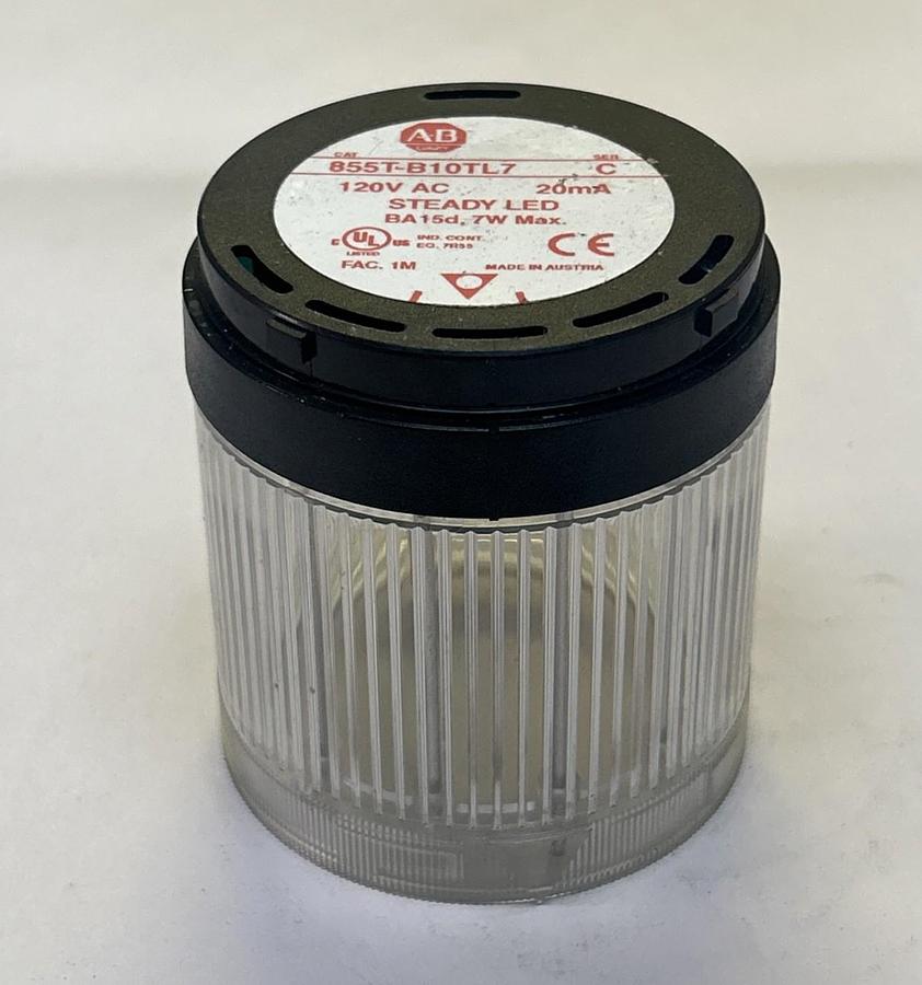 Used ALLEN BRADLEY,855T-B10TL7,SER C CLEAR WHITE STEADY LED STACK LIGHT NO BULB