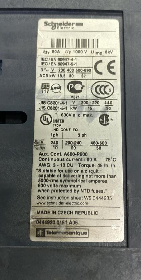 SCHNEIDER ELECTRIC,LC1D65004,CONTACTOR 80A 600V NOS
