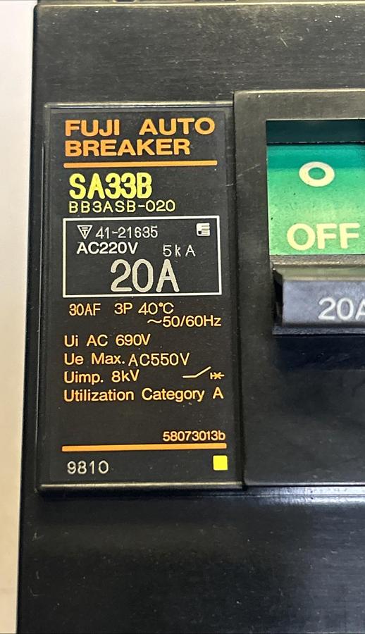 Used FUJI,BB3ASB-020,CIRCUIT BREAKER 20A 690V 3P