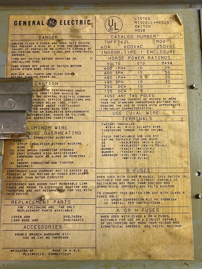 Used GE,THFP362/THFP362L,Twin Fusible Panelboard Switch Disconnect 60A 600Vac 250VDC