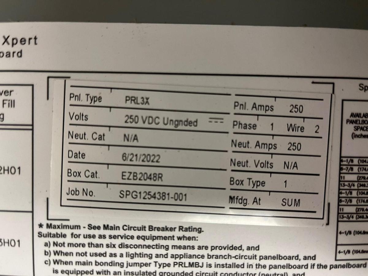 Used EATON,PRL3X,250A 250VDC POW-R-LINE XPERT PANELBOARD MAIN IS PDG2 150AMP