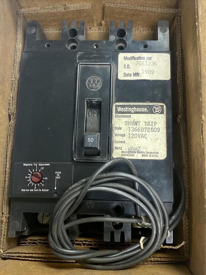 WESTINGHOUSE,1366D72G09,SHUNT TRIP 50Amp 120V NOS