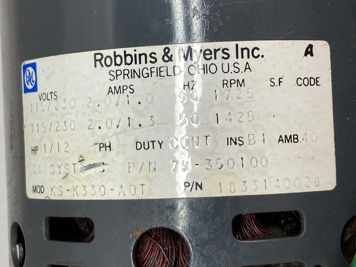 Used Robbins & Myers,KS-K330-A0T,Single Phase Drive Motor 1/12Hp 60/50Hz 1725/1425rpm