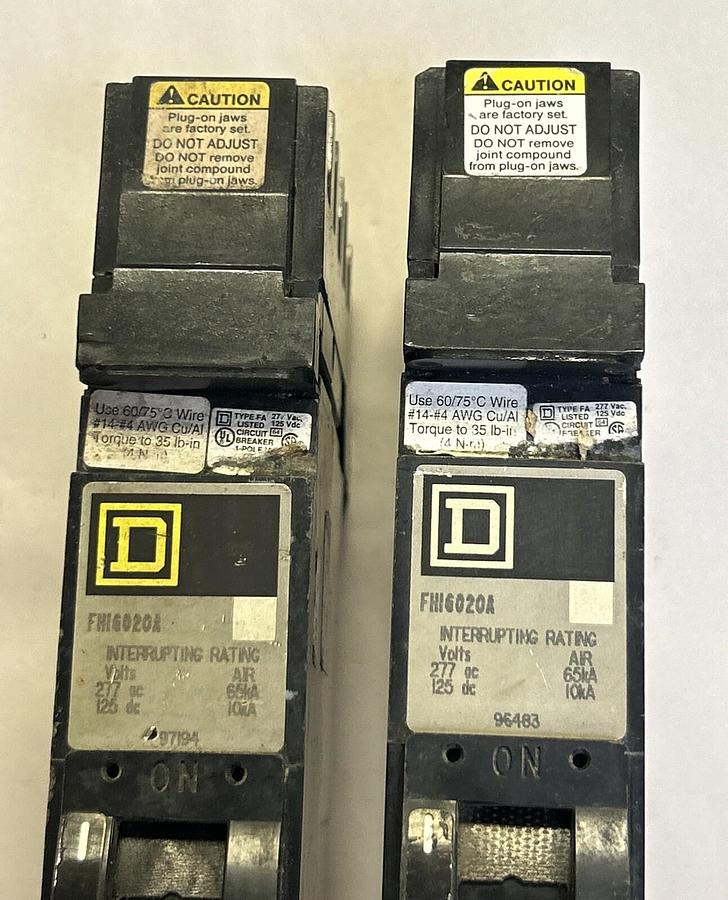 Used SQUARE D,FH16020A,I-LINE CIRCUIT BREAKER 20A 277V 1P LOT OF 2