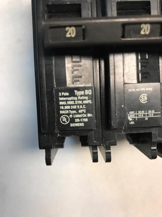 Used Siemens,BQ3B020,Circuit Breaker 20AMP 240V 3 pole