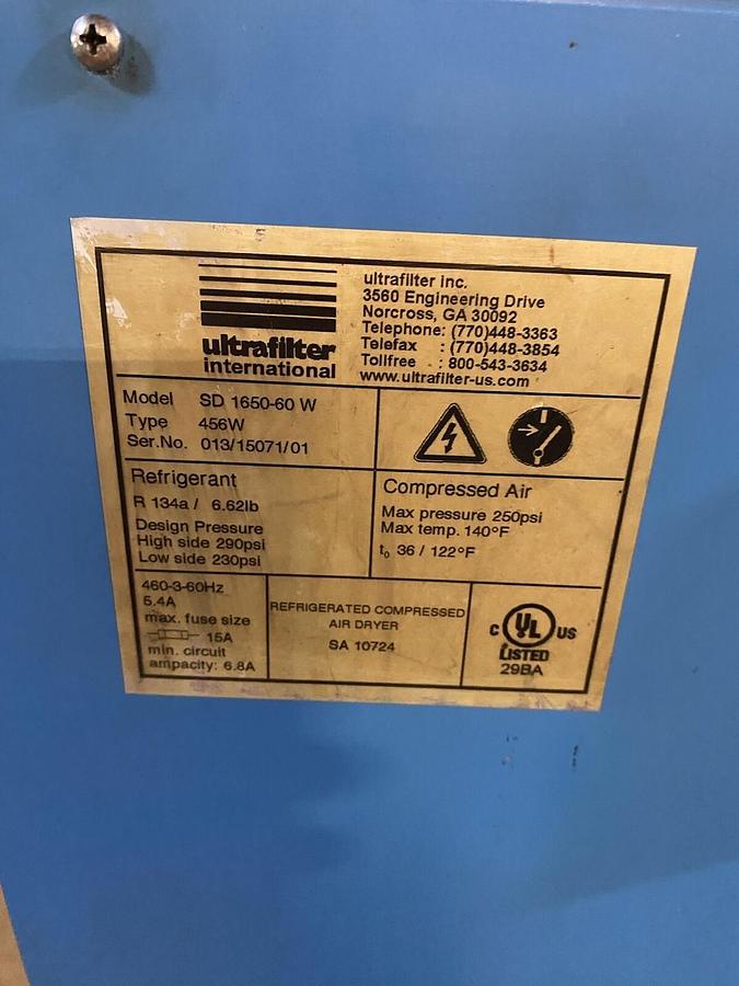Used Ultrafilter,SD-1650-60-w,650 cfm Ultratroc Refrigerated Compressed Air Dryer
