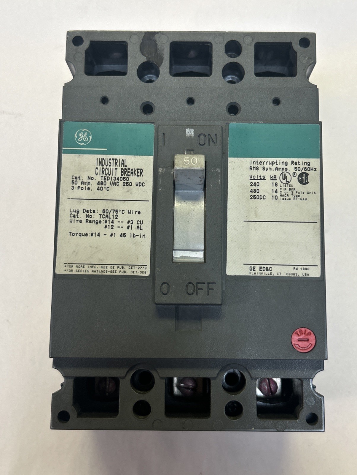 Used GENERAL ELECTRIC,TED134050,CIRCUIT BREAKER 50A 480V 3P