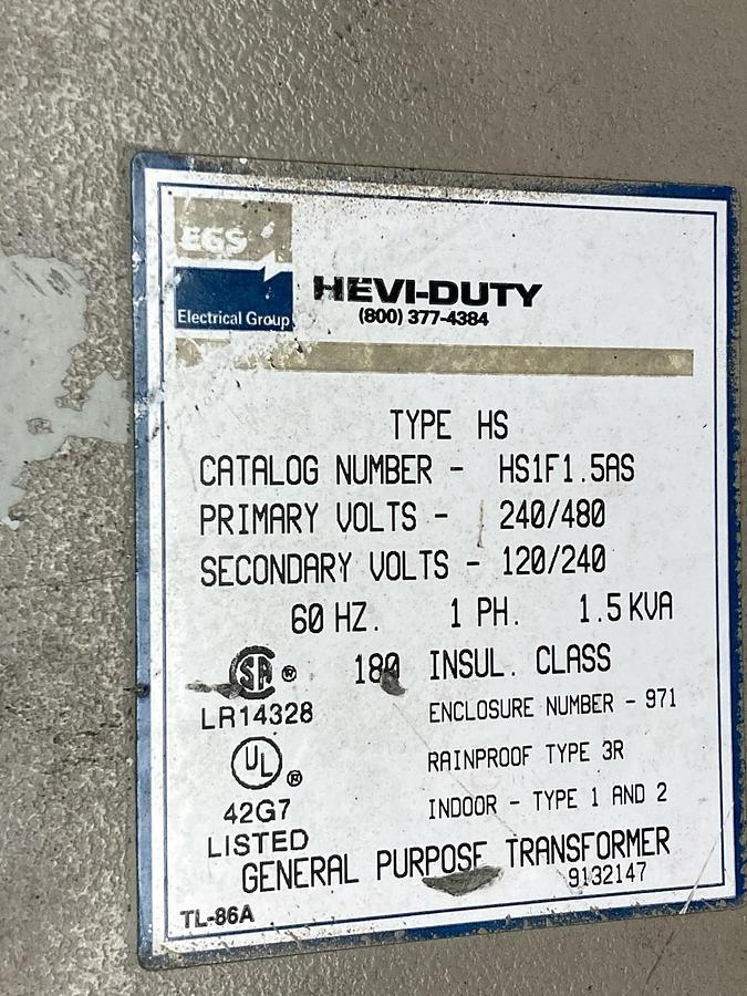 Used EGS,HS1F1.5AS,Single Phase Transformer 1.5kVA HV 240/480V LV 120/240V